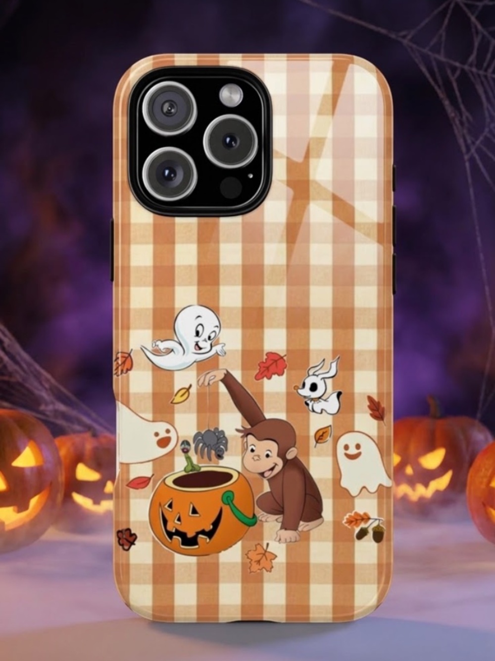 Cute Halloween Curious George Casper Ghosts Orange Gingham Phone Case